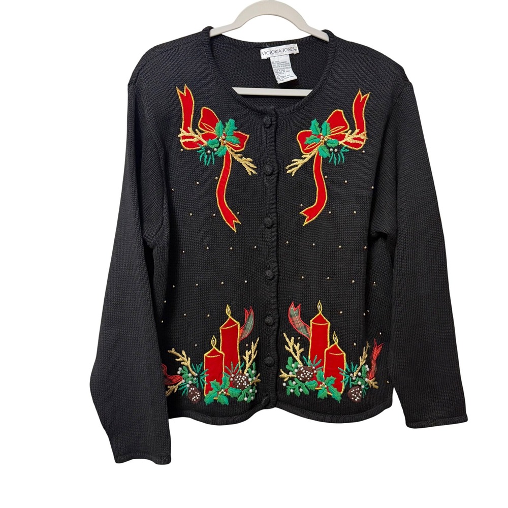 Vintage 90s Victoria Jones Christmas Cardigan Sweater Embroidered Ramie Cotton L